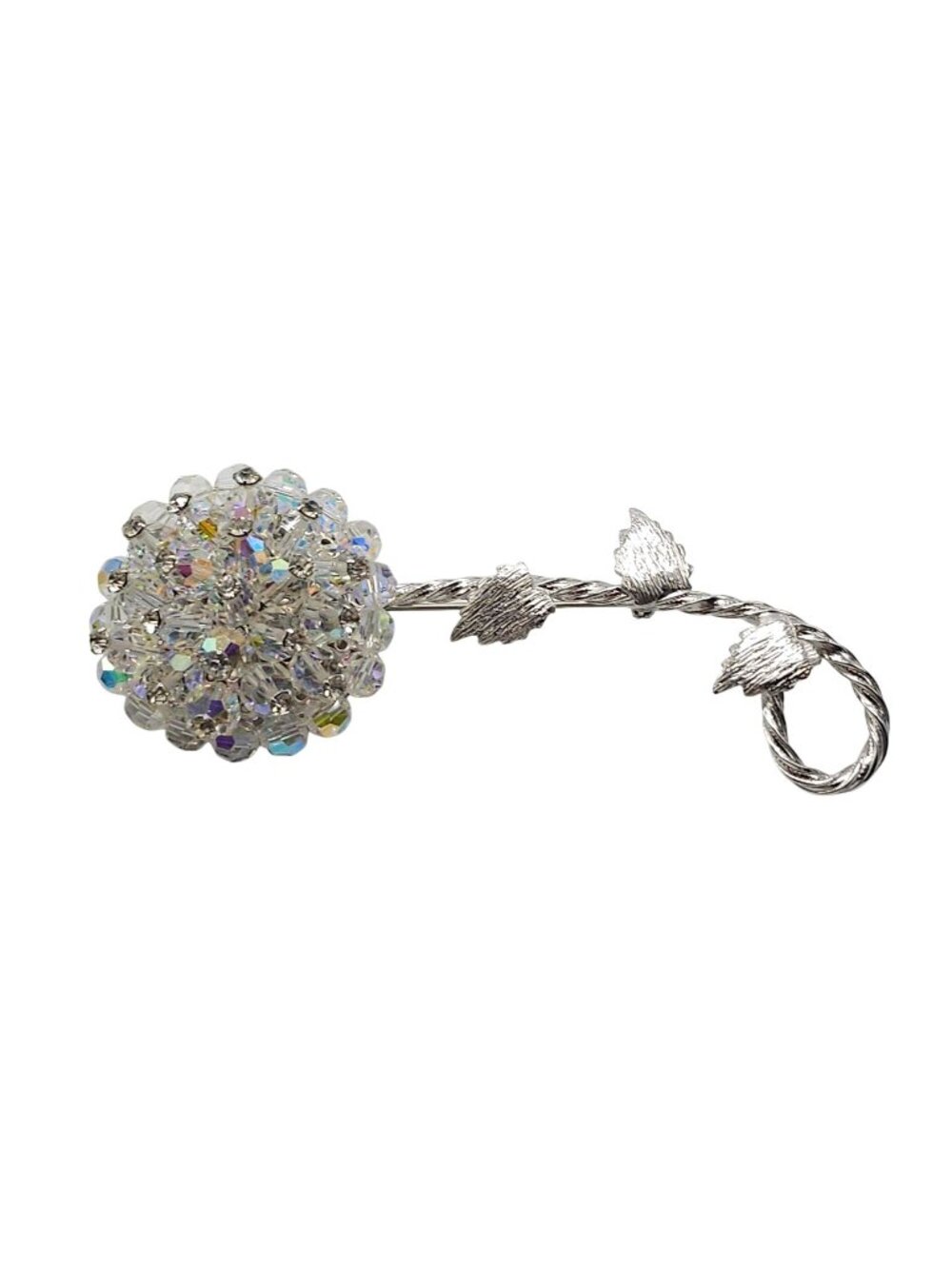 Vintage Crystal Rhinestone Silver Tone Floral Brooch Pin Twisted Leaf Stem